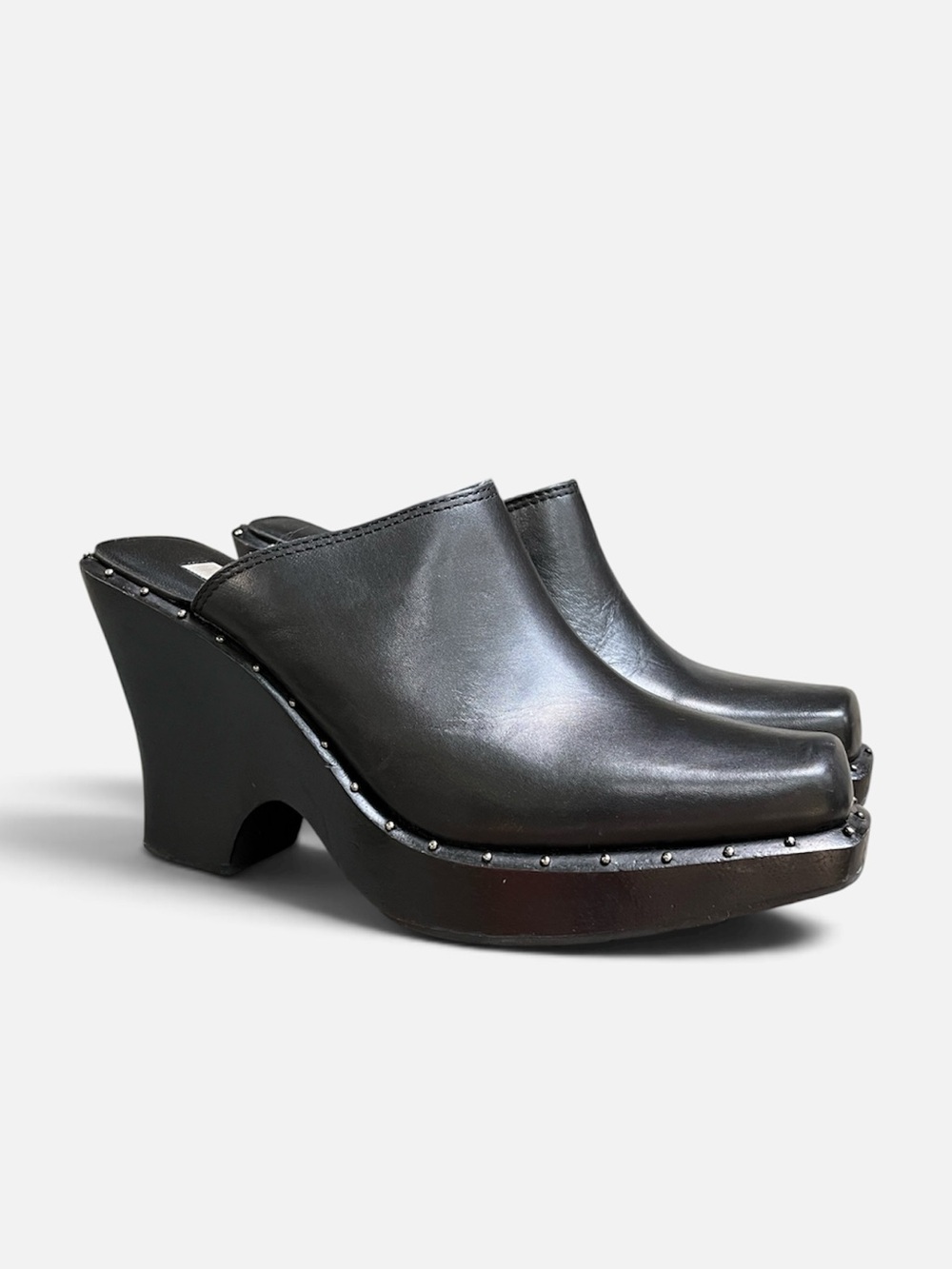 VINTAGE MIA Black Leather Square Toe Studded Wedge Clog/Mule - Size 8 - Picture 2 of 10